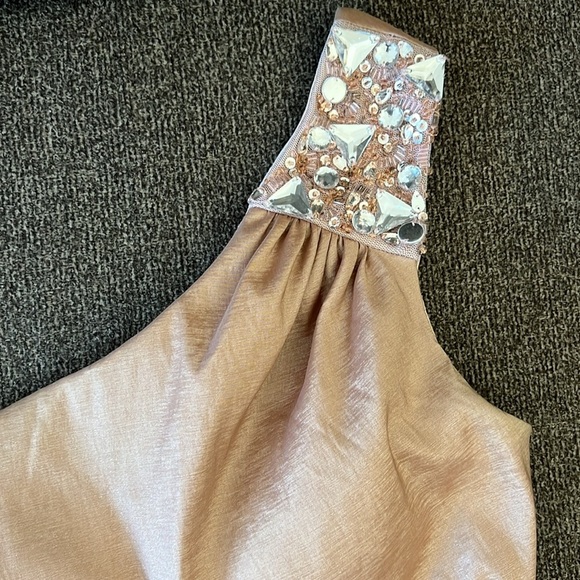 Cache blush pink champagne beaded one shoulder ruched mini dress size 2 - Picture 9 of 10
